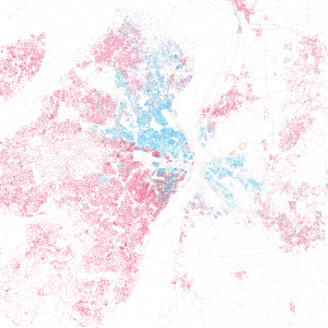 IMAGE 2. : A depiction of race in St. Louis, 2010. Red represents white residents, Blue represents black residents. (source: Flickr/Eric Fischer)