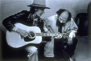 Bob Dylan on tour with the Rolling Thunder Revue in 1975, pictured here with poet Allen Ginsberg.